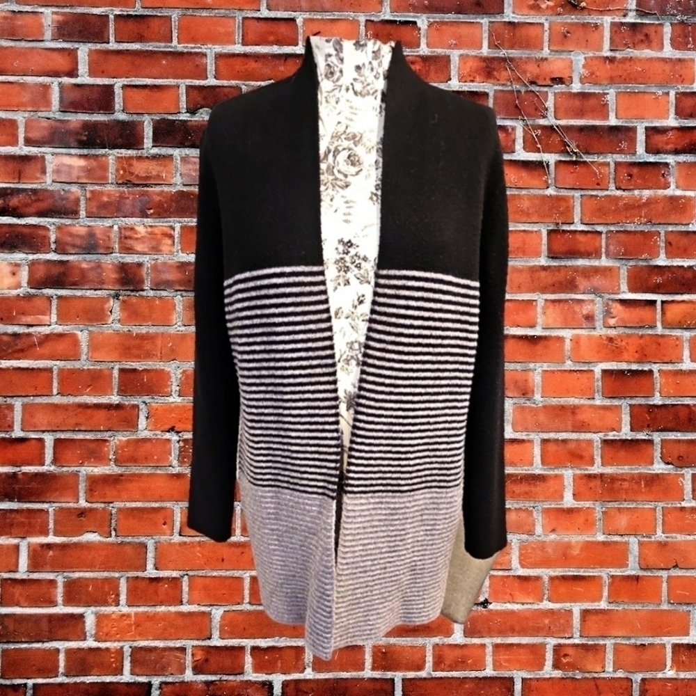 ELLE Black & Gray Open Front Long Color block Cardigan Sweater sz S